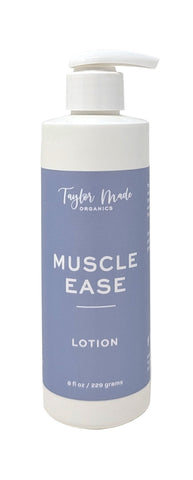 Lotion bottle labeled 'Muscle Ease' by Taylor Made Organics on a white background