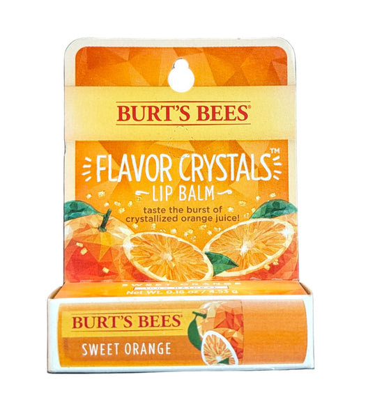 Burt's Bees Sweet Orange Flavor Crystals lip balm packaging on a black background