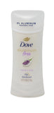 A white Dove aluminum-free deodorant stick with lavender and vanilla scent, featuring a gold bird logo and purple lavender illustration on a clean white background.
