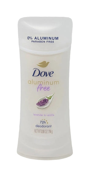 A white Dove aluminum-free deodorant stick with lavender and vanilla scent, featuring a gold bird logo and purple lavender illustration on a clean white background.