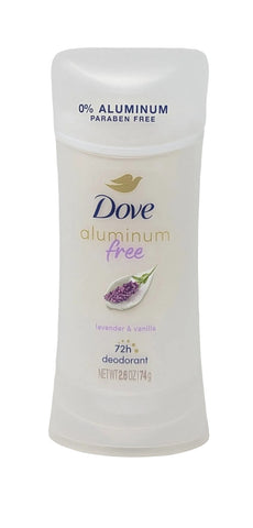 A white Dove aluminum-free deodorant stick with lavender and vanilla scent, featuring a gold bird logo and purple lavender illustration on a clean white background.