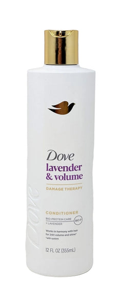 A 12 fl oz white bottle of Dove Lavender & Volume Conditioner with a metallic gold cap and a gold bird logo, set against a plain white background.