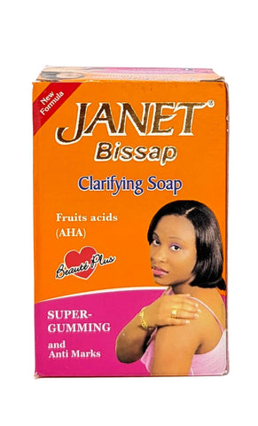 A box of Janet Bissap Clarifying Soap, featuring an orange and pink design with a photo of a woman on the front, set against a plain white background.