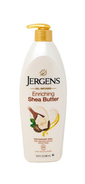 Jergens Enriching Shea Butter lotion bottle on a white background