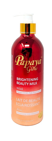 A bottle of Papaya Glow Brightening Beauty Milk with a red-to-orange gradient bottle, a gold and white pump dispenser, and white text on a white background.