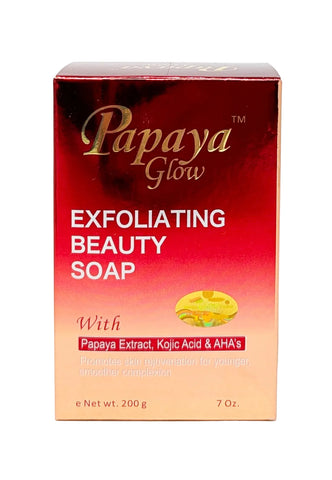 Papaya Glow Exfoliating Beauty Soap in a red gradient box with gold and white text, on a white background.
