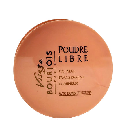 A round, peach-colored compact case for Bourjois Poudre Libre loose powder, photographed on a clean white background.